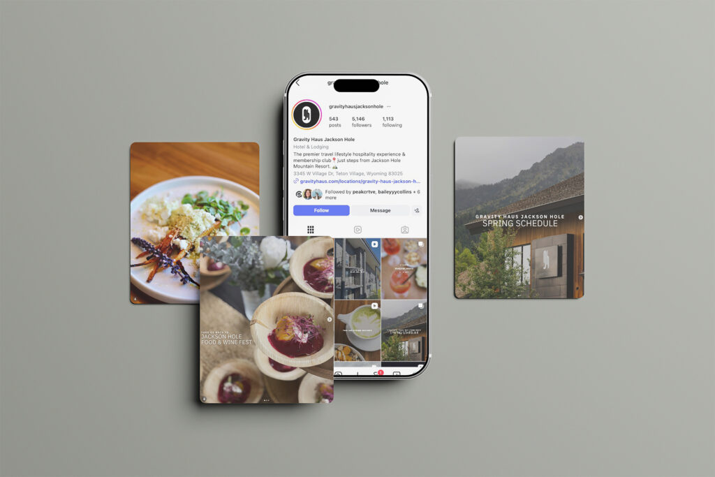 Collage of stacked smartphone screens showing an Instagram profile and multiple food and scenery posts for Gravity Haus Jackson Hole, plus a spring schedule panel on the right.
