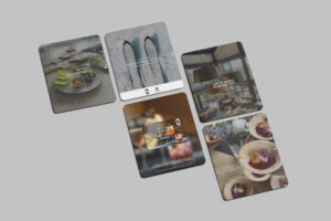 Six tilted marketing cards showcasing food, drinks, travel, and events for a lifestyle brand image collage.