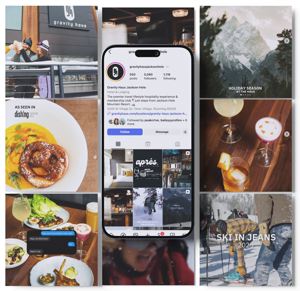 Central smartphone shows Gravity Haus Jackson Hole's Instagram profile; surrounding panels depict food, drinks, mountains, and skiing.