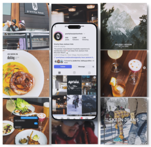 Central smartphone shows Gravity Haus Jackson Hole's Instagram profile; surrounding panels depict food, drinks, mountains, and skiing.