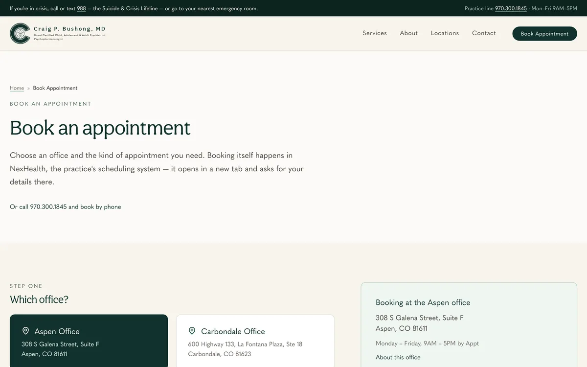 The booking page on desktop: a short introduction, then a first step that asks which of the practice’s two offices to book at.