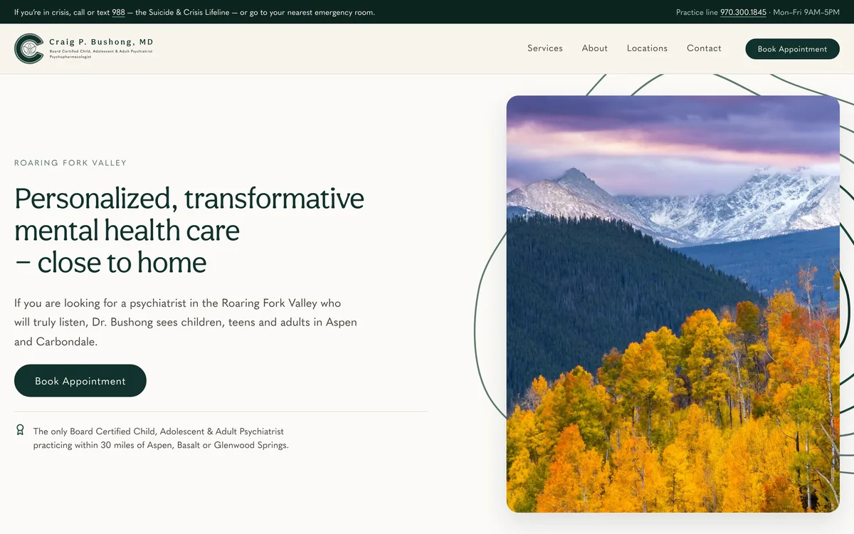 The homepage on desktop: a crisis notice across the top, then the headline and a booking button beside a photo of aspens.
