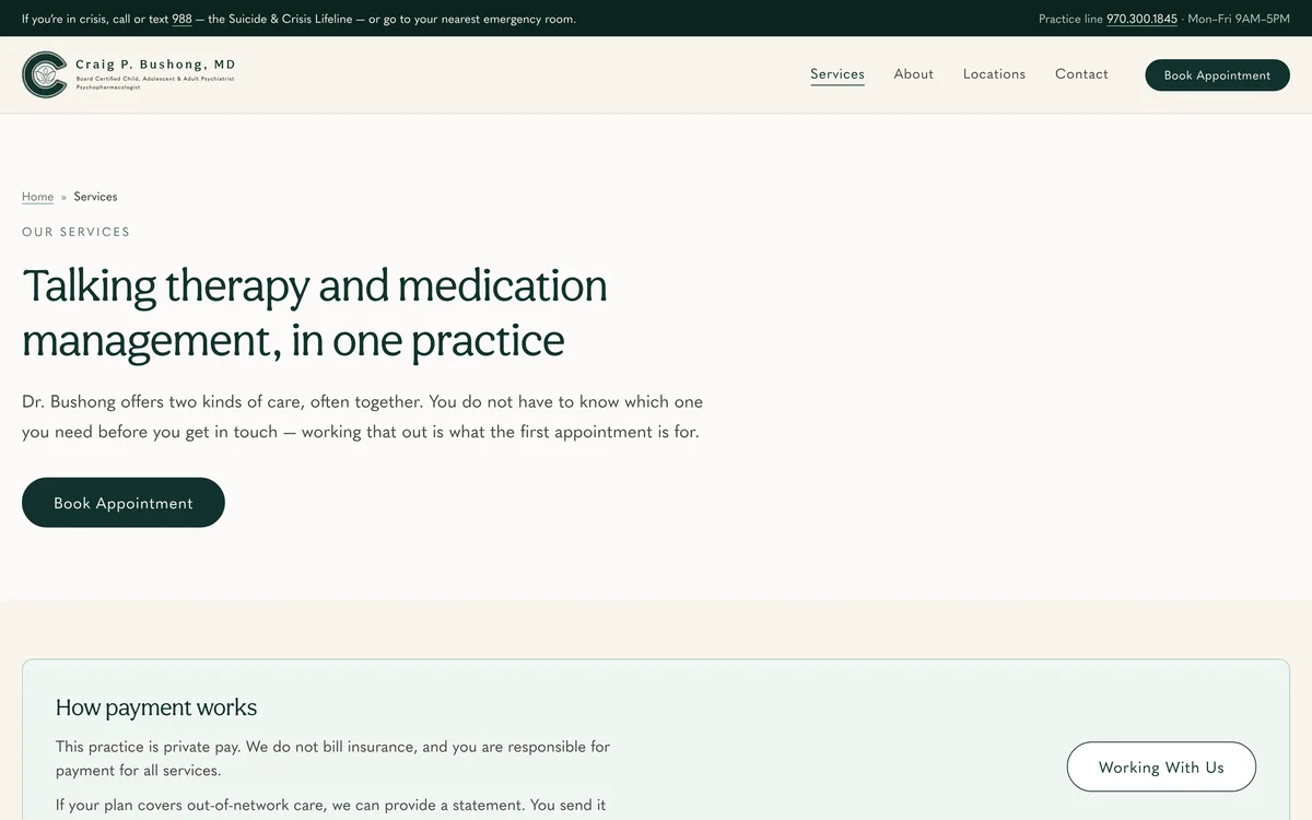 The Services page on desktop: an introduction to the two kinds of care the practice offers, with a button to book an appointment.