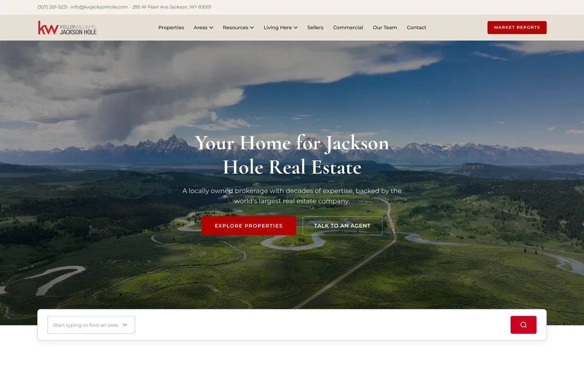The Keller Williams Jackson Hole homepage on desktop: a wide valley view under the headline, with a property search bar below.