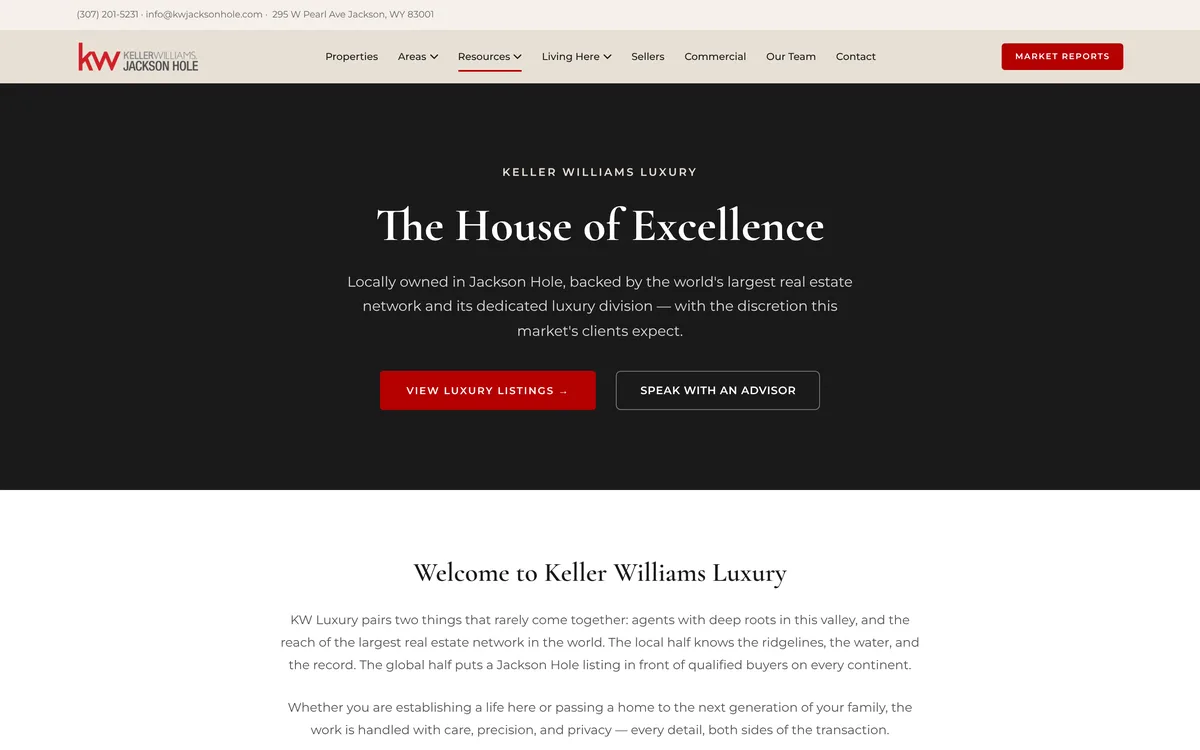 The KW Luxury page on desktop: a dark hero with two buttons, and a welcome section below.