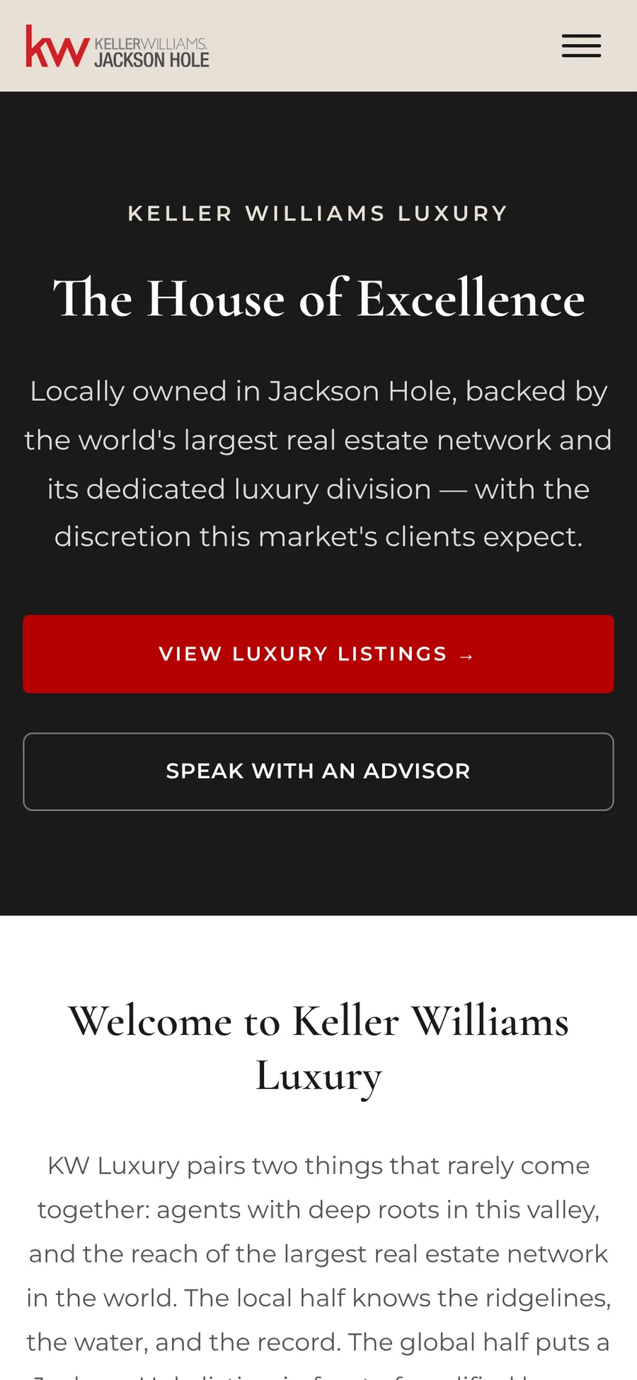 The same KW Luxury page on a phone.