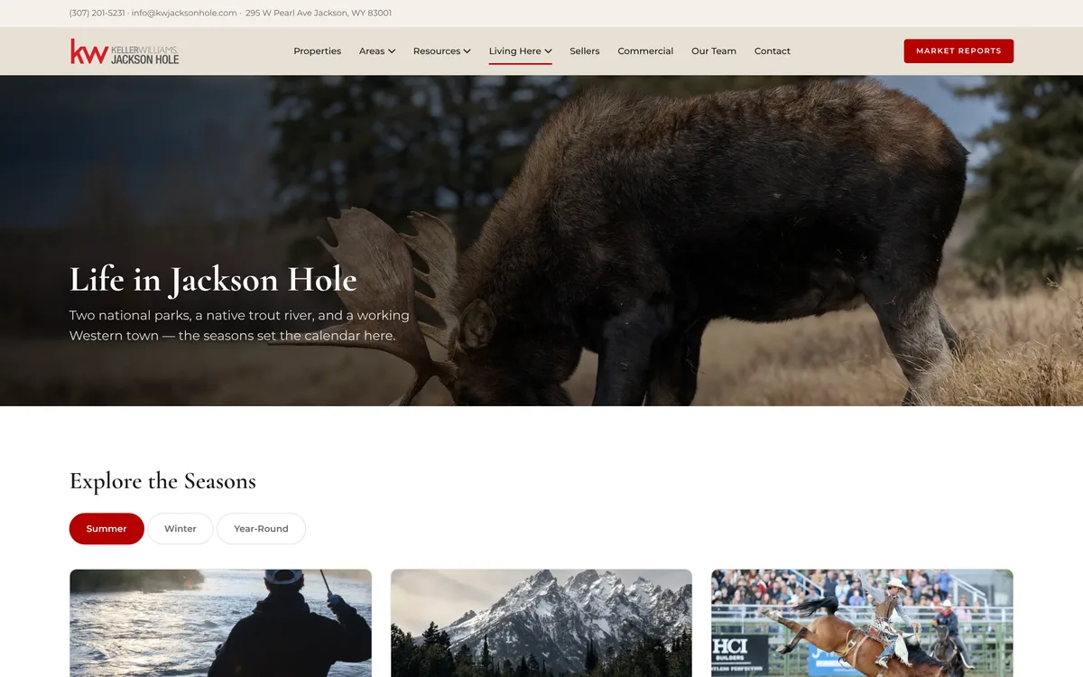 The Lifestyle page: a moose grazing in the hero, then a seasons section with photo cards.