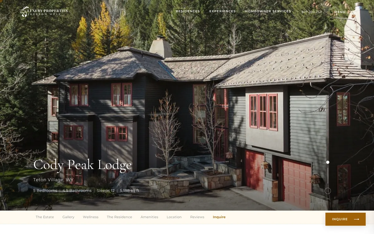 A property page on desktop, built on the template: a full-width photo of the house, its specs, and the section nav below.