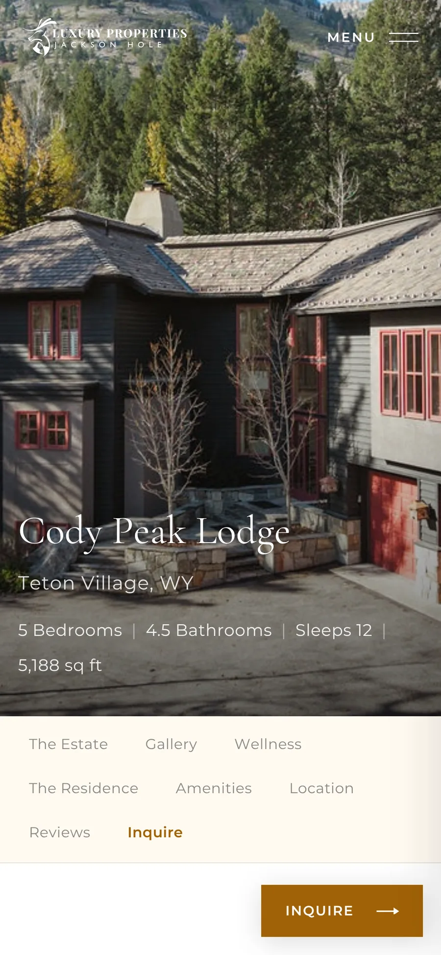 The same property page on a phone, with the section nav under the photo.