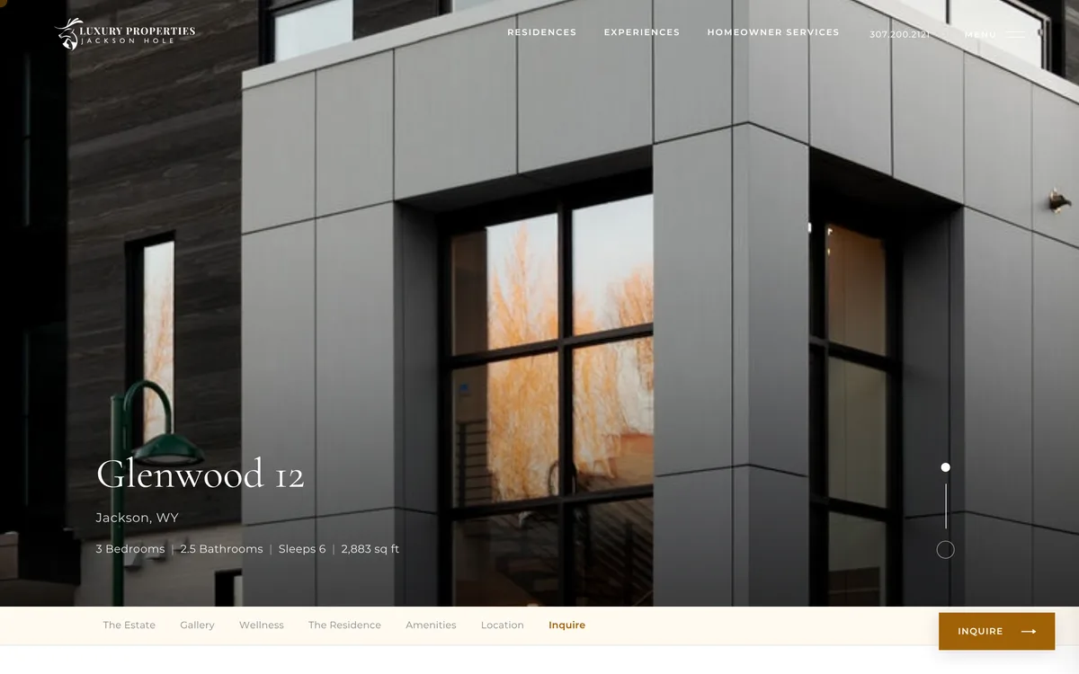 A property page: a modern house in grey panels, with the template’s section nav and inquiry button.